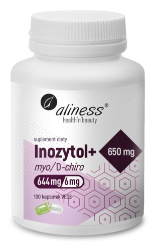 Opakowanie Aliness Inozytol myo/D-chiro 650 mg z witaminą B6, 100 kapsułek VEGE