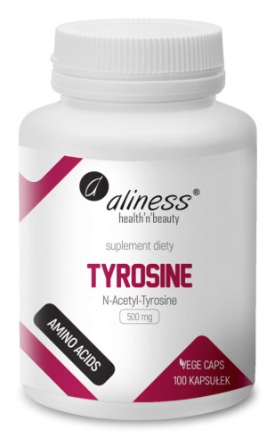 Aliness N-Acetyl-Tyrosine 500 mg Tyrozyna - 100 kapsułek VEGE Wsparcie dla Koncentracji, Mózgu i Odporności na Stres