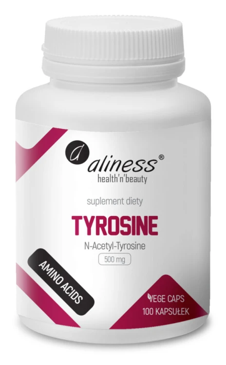 Aliness N-Acetyl-Tyrosine 500 mg Tyrozyna - 100 kapsułek VEGE Wsparcie dla Koncentracji, Mózgu i Odporności na Stres