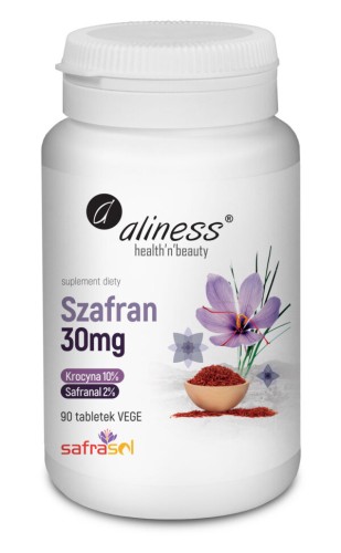 Aliness Szafran SafraSOL 30 mg – białe opakowanie 90 tabletek VEGE z ilustracją kwiatu szafranu