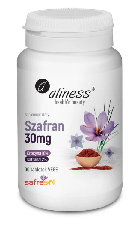 Aliness Szafran SafraSOL 30 mg – białe opakowanie 90 tabletek VEGE z ilustracją kwiatu szafranu