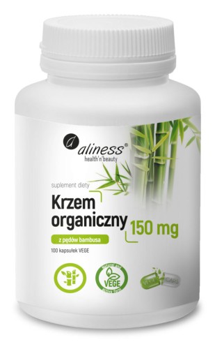 Aliness Krzem Organiczny z Pędów Bambusa 150 mg – białe opakowanie 100 kapsułek VEGE z ilustracją bambusa