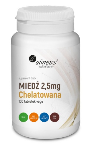 Aliness Miedź Chelatowana 2,5 mg - 100 tabletek Vege wspiera skórę, włosy oraz tkanki łączne