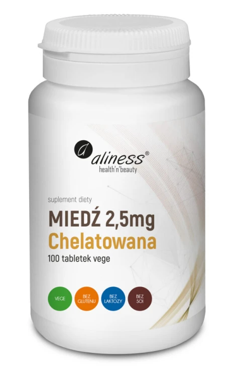 Aliness Miedź Chelatowana 2,5 mg - 100 tabletek Vege wspiera skórę, włosy oraz tkanki łączne