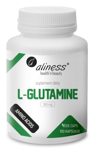opakowanie Aliness L-Glutamine 500 mg – L-glutamina, 100 kapsułek VEGE