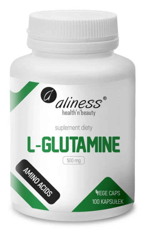 opakowanie Aliness L-Glutamine 500 mg – L-glutamina, 100 kapsułek VEGE