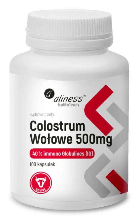 opakowanie Aliness Colostrum Wołowe 500 mg – 40% immunoglobulin, 100 kapsułek