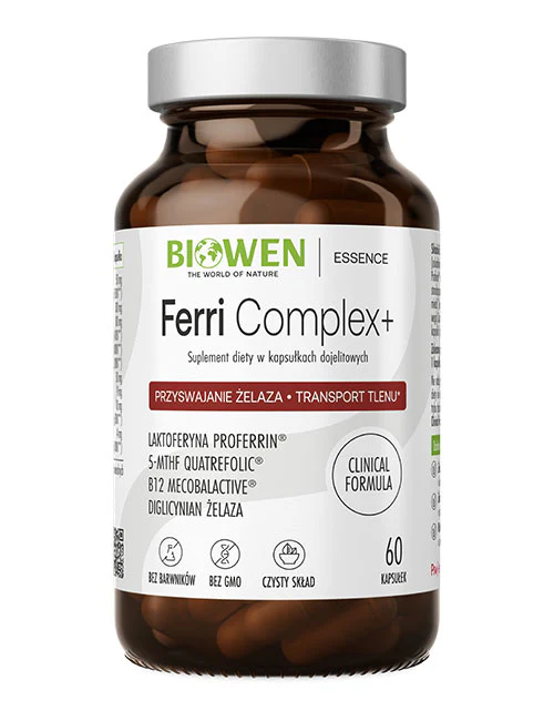 Biowen Ferri Complex+ (Żelazo Diglicynian, Laktoferyna, Kwas foliowy) 60 kapsułek Wsparcie produkcji czerwonych krwinek i hemoglobiny