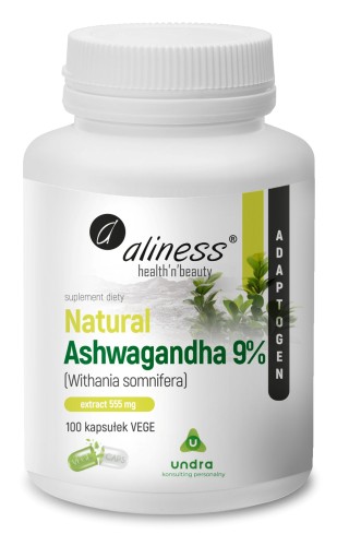 Aliness Natural Ashwagandha 555 mg 9% - 100 kapsułek VEGE wspiera odporność na stres, dodaje energii