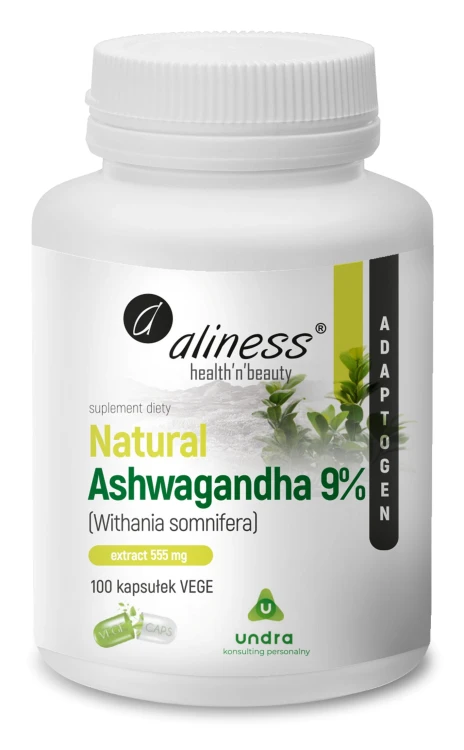 Aliness Natural Ashwagandha 555 mg 9% - 100 kapsułek VEGE wspiera odporność na stres, dodaje energii