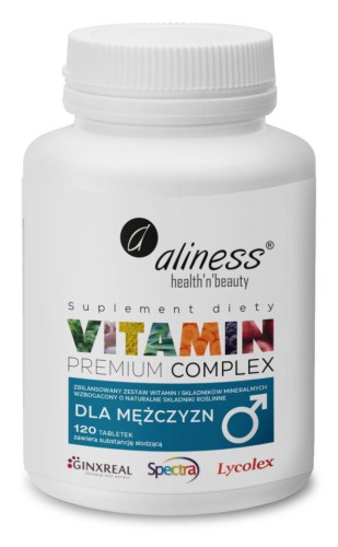 opakowanie Aliness Premium Vitamin Complex dla mężczyzn – kompleks witamin i minerałów, 120 tabletek