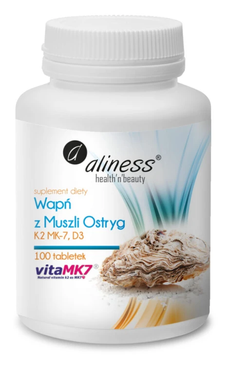 Aliness Wapń z muszli ostryg z K2 MK7 i D3 - 100 tabletek wspiera zdrowie kości