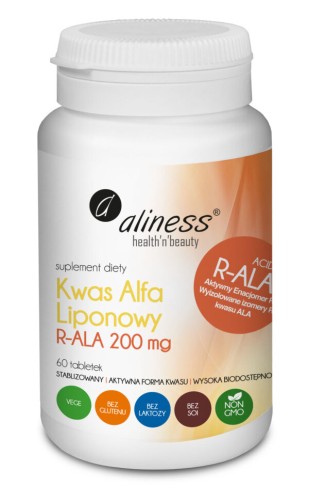 Aliness Kwas Alfa Liponowy R-ALA 200 mg 60 tabletek wspiera regenerację organizmu, wspomaga kontrolę cukrzycy, poprawia wygląd skóry, silny antyoksydant