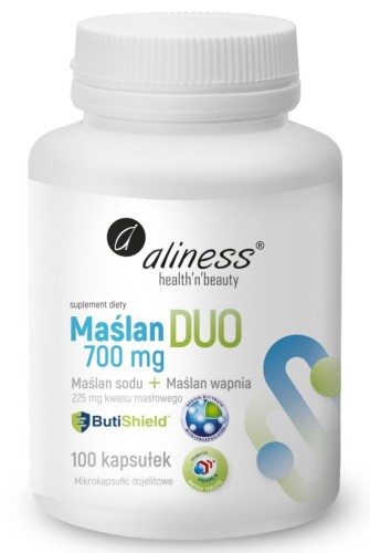 Aliness Maślan DUO 700mg (wapnia+sodu) 225mg kwasu masłowego 100 kapsułek VEGE wspiera funkcjonowanie jelit
