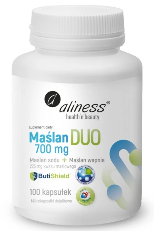 Aliness Maślan DUO 700mg (wapnia+sodu) 225mg kwasu masłowego 100 kapsułek VEGE wspiera funkcjonowanie jelit