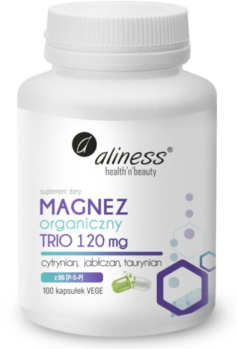 Aliness Magnez organiczny TRIO 120 mg z B6 cytrynian, jabłczan, taurynian 100 kapsułek VEGE wspiera układ nerwowy