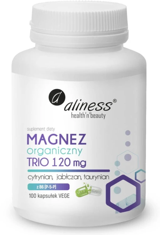 Aliness Magnez organiczny TRIO 120 mg z B6 cytrynian, jabłczan, taurynian 100 kapsułek VEGE wspiera układ nerwowy