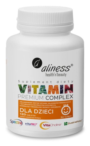 Aliness Premium Vitamin Complex dla dzieci 120 tabletek Vege DO SSANIA wspiera prawidłowy rozwój i odporność