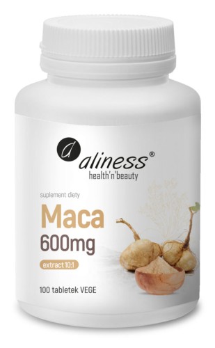 Opakowanie Aliness Maca Ekstrakt 10:1 600 mg, 100 tabletek Vege