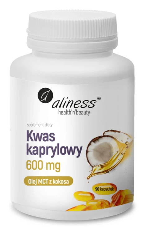 Aliness Kwas kaprylowy (60% C8) 600 mg - 90 kapsułek miękkich wspiera układ pokarmowy, pomocny w zespole jelita drażliwego (IBS)
