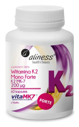 Aliness Witamina K2 Menachinon MonoFORTE MK-7 200 µg z Natto 60 kapsułek wspiera mineralizację kości