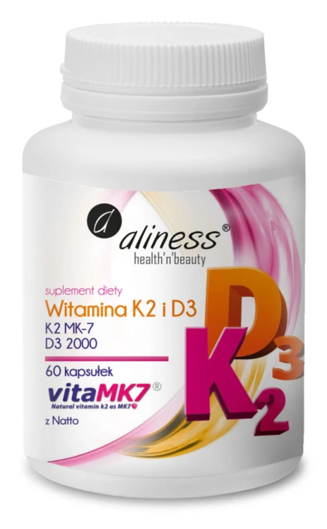 Aliness Witamina K2 MK-7 100 µg + D3 2000 IU VitaMK7® z Natto – białe opakowanie 60 kapsułek