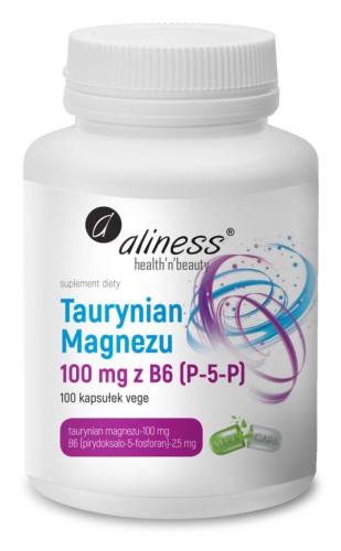 Aliness Taurynian Magnezu 100 mg z witaminą B6 P-5-P – białe opakowanie 100 kapsułek Vege
