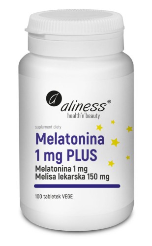 Aliness Melatonina 1 mg PLUS -100 tabletek Vege wspiera regenerację organizmu i poprawia jakość snu