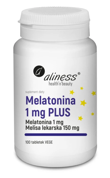 Aliness Melatonina 1 mg PLUS -100 tabletek Vege wspiera regenerację organizmu i poprawia jakość snu