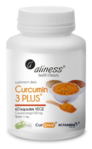 Aliness Curcumin 3 PLUS (Kurkuma 500mg, Piperyna 1mg) 60 kapsułek VEGE wspiera odporność , trawienie i krążenie krwi