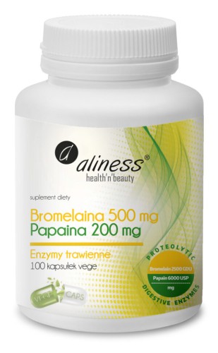 Aliness Bromelaina 500 mg Papaina 200 mg – enzymy trawienne, białe opakowanie 100 kapsułek VEGE