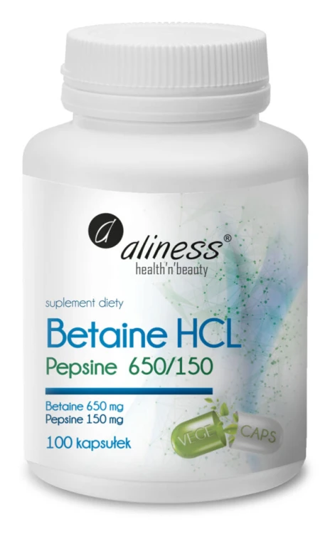 Aliness Betaina HCL + Pepsyna 650/150 mg  100 kapsułek wspomaga trawienie, redukuje wzdęcia, zaparcia i nadmierne gazy