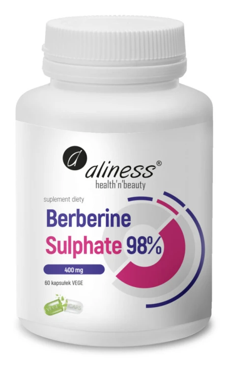 Aliness Berberine Sulphate 98% 400 mg  (Berberyna) 60 kapsułek VEGE wspiera trawienie, właściwy poziom glukozy i cholesterolu