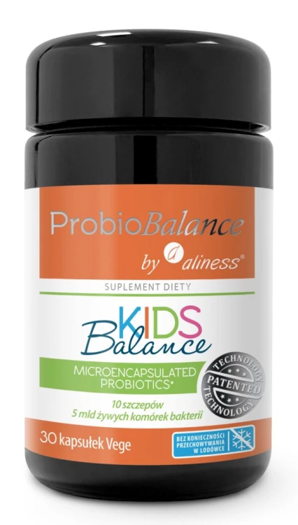 Aliness ProbioBALANCE KIDS Balance 5 mld, 30 kapsułek Vege – probiotyk dla dzieci w ciemnej butelce