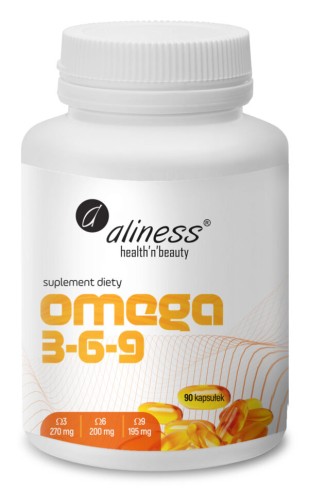Aliness Omega 3-6-9 270/200/195 mg, 90 kapsułek – suplement w białym opakowaniu z pomarańczową etykietą