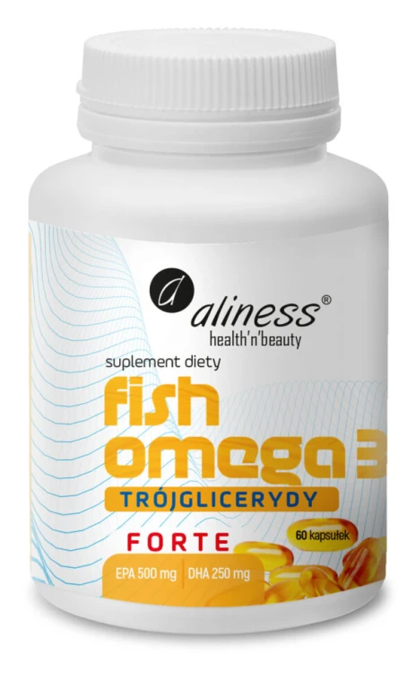 Aliness Fish Omega 3 FORTE Trójglicerydy 500/250 mg, 60 kapsułek – białe opakowanie z pomarańczową etykietą