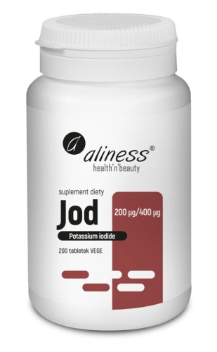 Aliness  Jod (jodek potasu) 200 µg / 400 µg - 200 tabletek VEGE wege wspomaga wspiera produkcję i funkcjonowanie hormonów tarczycy