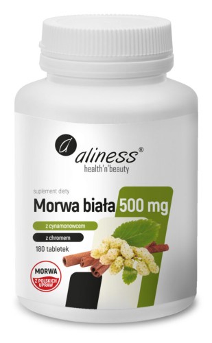 Aliness Morwa Biała 500 mg z cynamonowcem i chromem, 180 tabletek – białe opakowanie