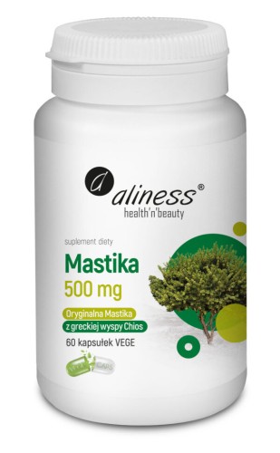 Aliness Mastika 500 mg, 60 kapsułek VEGE – suplement diety w białym opakowaniu z grafiką drzewka