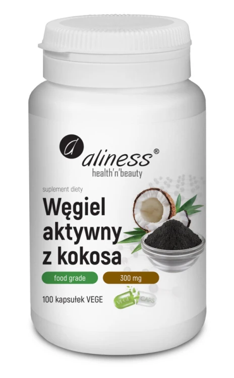 Aliness Węgiel aktywny z kokosa Food Grade 300 mg - 100 kapsułek VEGE wspomaga Poprawia komfort trawienny