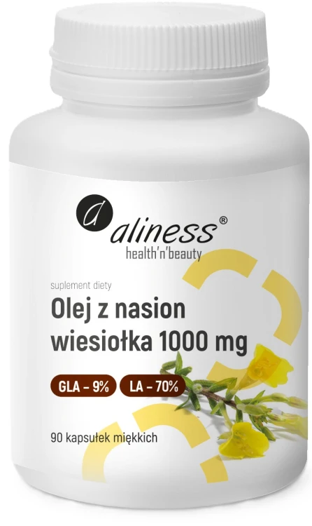 Aliness Olej z Nasion Wiesiołka 1000 mg, GLA 9%, LA 70%, opakowanie 90 kapsułek miękkich