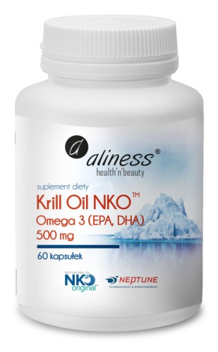 Opakowanie Aliness Krill Oil NKO Omega 3 z astaksantyną 500 mg – 60 kapsułek