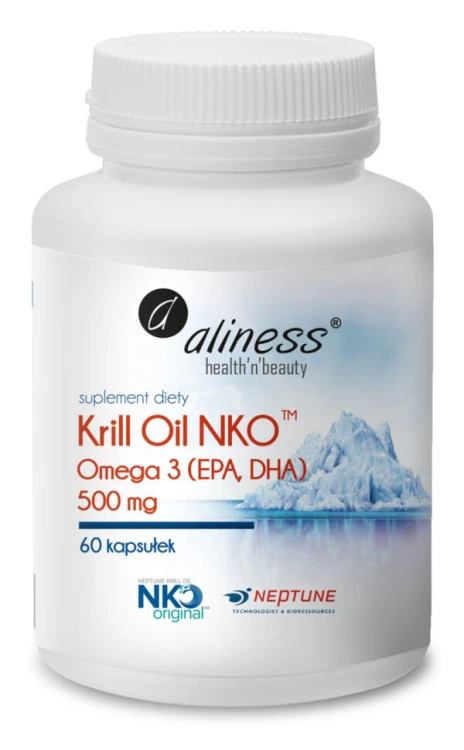 Opakowanie Aliness Krill Oil NKO Omega 3 z astaksantyną 500 mg – 60 kapsułek