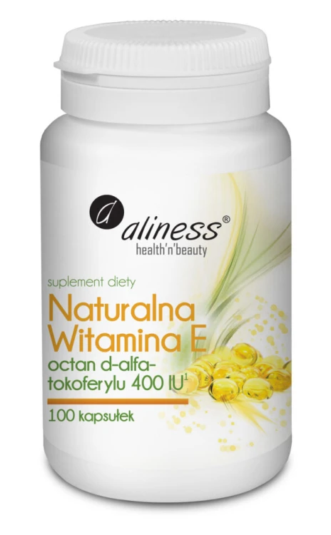 Opakowanie suplementu Aliness Naturalna Witamina E 400 IU (D-alfa-tokoferol) – 100 kapsułek