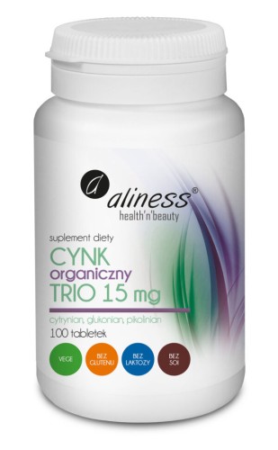 Opakowanie Aliness Cynk Organiczny Trio 15 mg (cytrynian, glukonian, pikolinian) – 100 tabletek VEGE
