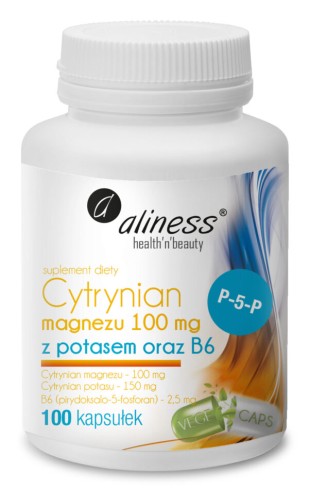 Aliness Cytrynian Magnezu 100 mg z potasem 150 mg i wit. B6 (P-5-P)  100 kapsułek Vege wspiera układ nerwowy