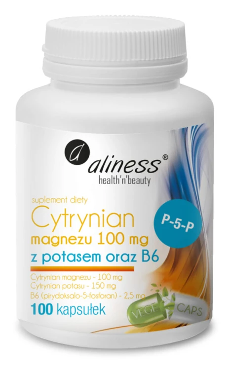 Aliness Cytrynian Magnezu 100 mg z potasem 150 mg i wit. B6 (P-5-P)  100 kapsułek Vege wspiera układ nerwowy