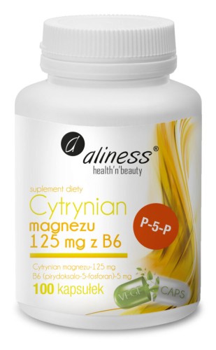 Aliness Cytrynian Magnezu 125 mg z witaminą B6 P-5-P, 100 kapsułek VEGE – opakowanie