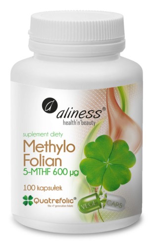 Aliness Kwas foliowy Methylo Folian 5-mthf 600 μg Dla kobiet 100 kapsułek VEGE wspiera wzrost i rozwój tkanek matczynych w czasie ciąży