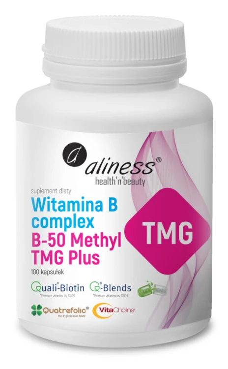 Aliness Witamina B Complex B-50 Methyl TMG PLUS - kompleks witamin z grupy B 100 kapsułek Vege wspiera układ nerwowy